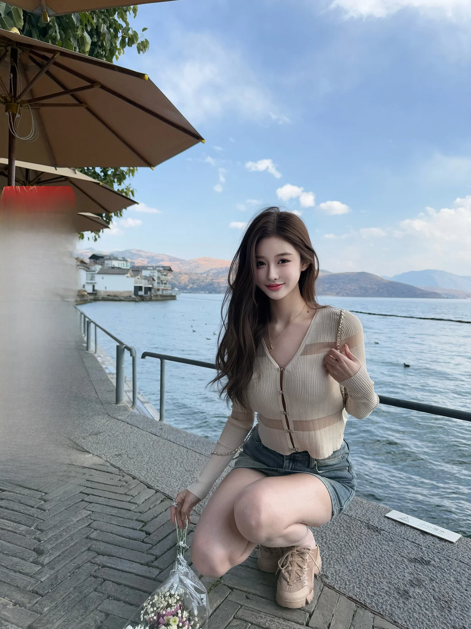 

Pure Desire Viola Нежный сладкий вязаный кардиган из полиэфирного волокна Европейский тюль Сращивание Прозрачный длинный све круглый Ne Sp...