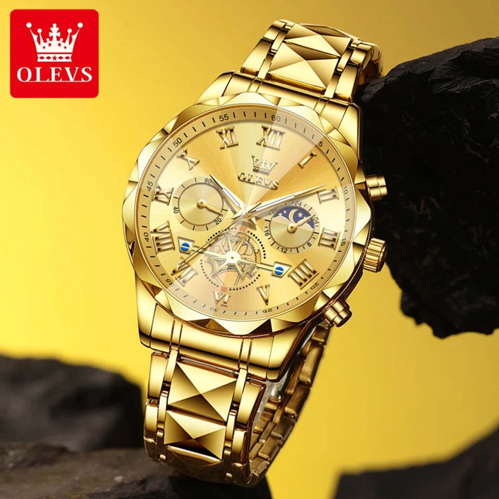 OLEVS Watches for Men New Fashion Rhombus Mirror Luxury Quartz Wristwatch Solid Steel Strap Moon Phase Waterproof Watches 2709