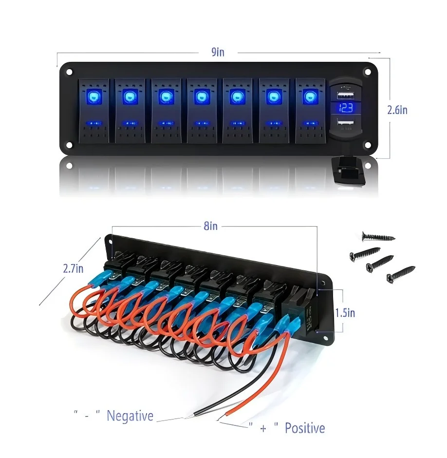 7 Gang LED Toggle Rocker Switch Panel For On-Off USB Slot Digital Voltage Display Waterproof For Car Boat Marine RV Truck