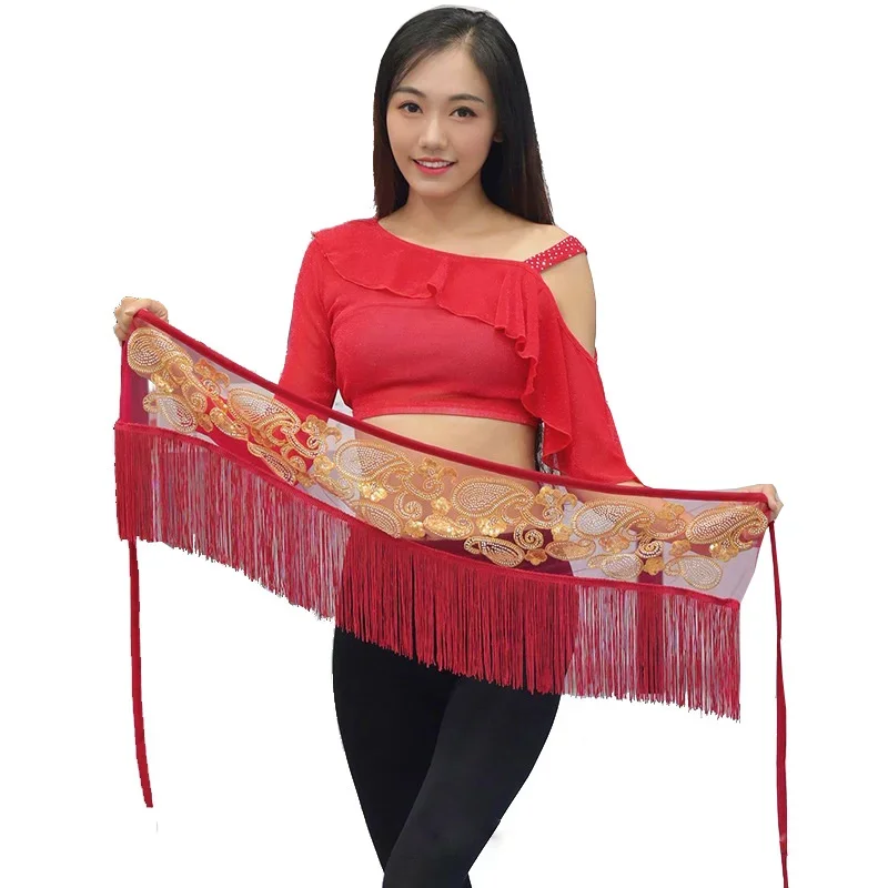 Accesorios de disfraz para niñas, Base de malla, lentejuelas, borlas, envolturas, medio círculo, cinturón, flecos, bufanda de cadera con monedas doradas