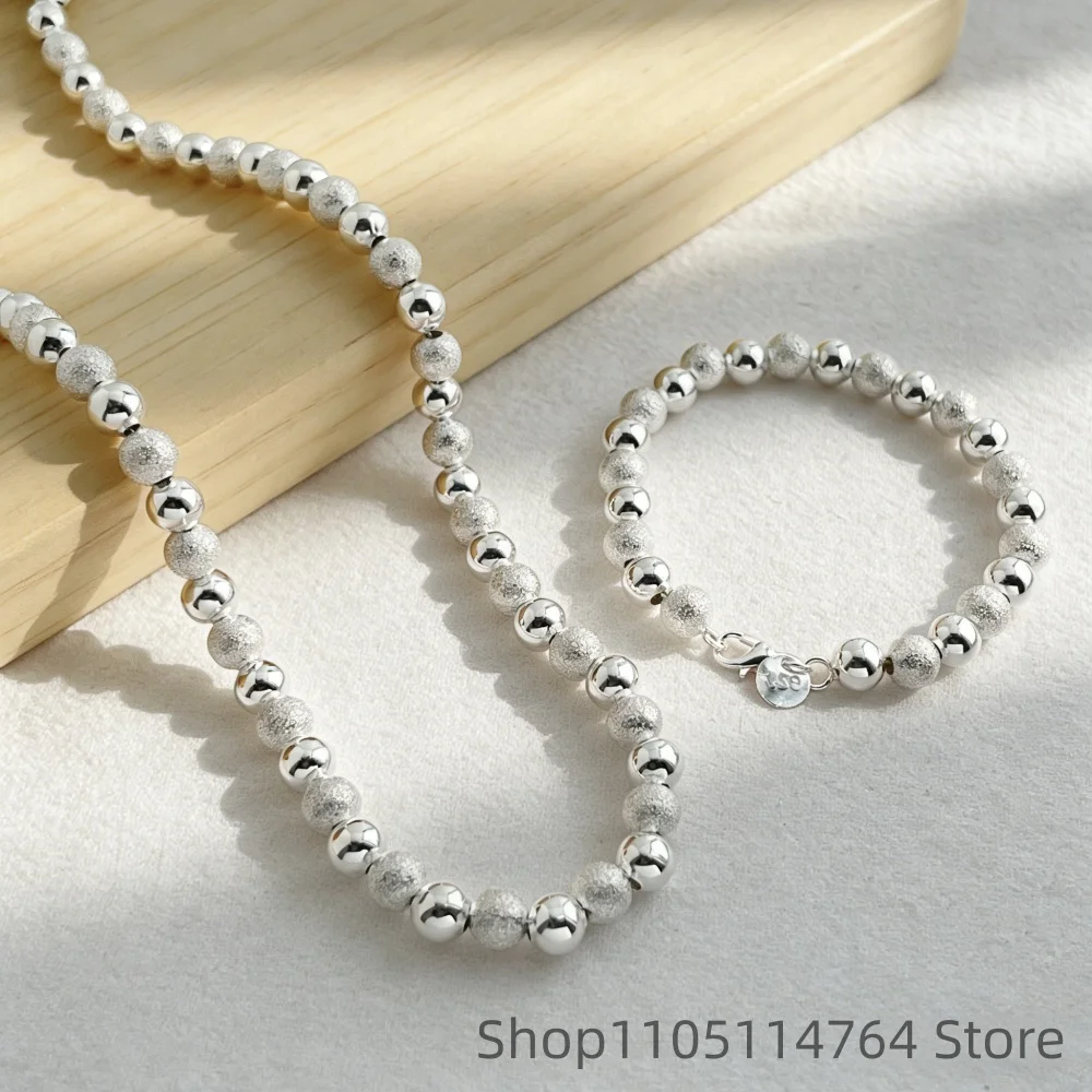 

925 Sterling Silver Jewelry Set Smooth Frosted Beads Necklace Bracelet Set Ladies Fashion Daily Accessories