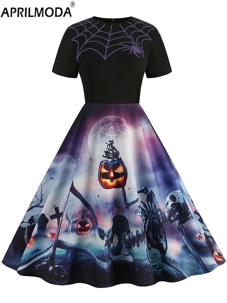 Eleganckie świąteczne kostiumy na Halloween sukienki z krótkim rękawem z nadrukiem 2023 jesień zima 50s Vintage Party Dress Cosplay Vestidos