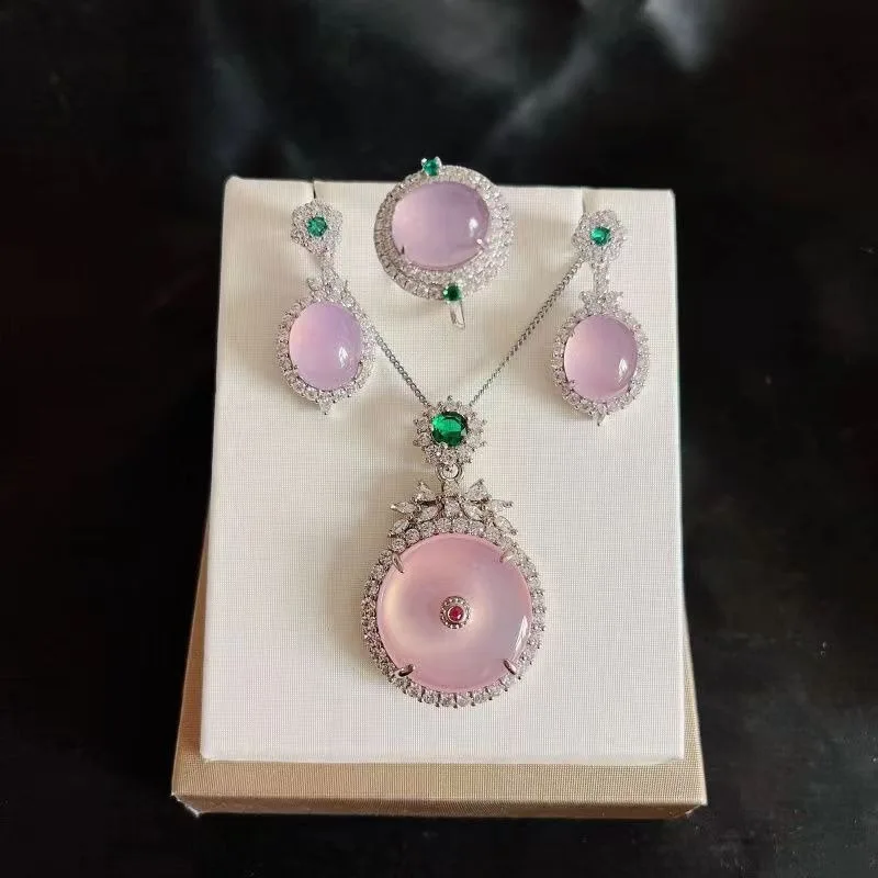 

Genuine Grade A Myanmar Jadeite Emerald Zircon Burma Pink Jade Necklace Ring And Dangle Earrings Women Luxury Jewelry Sets