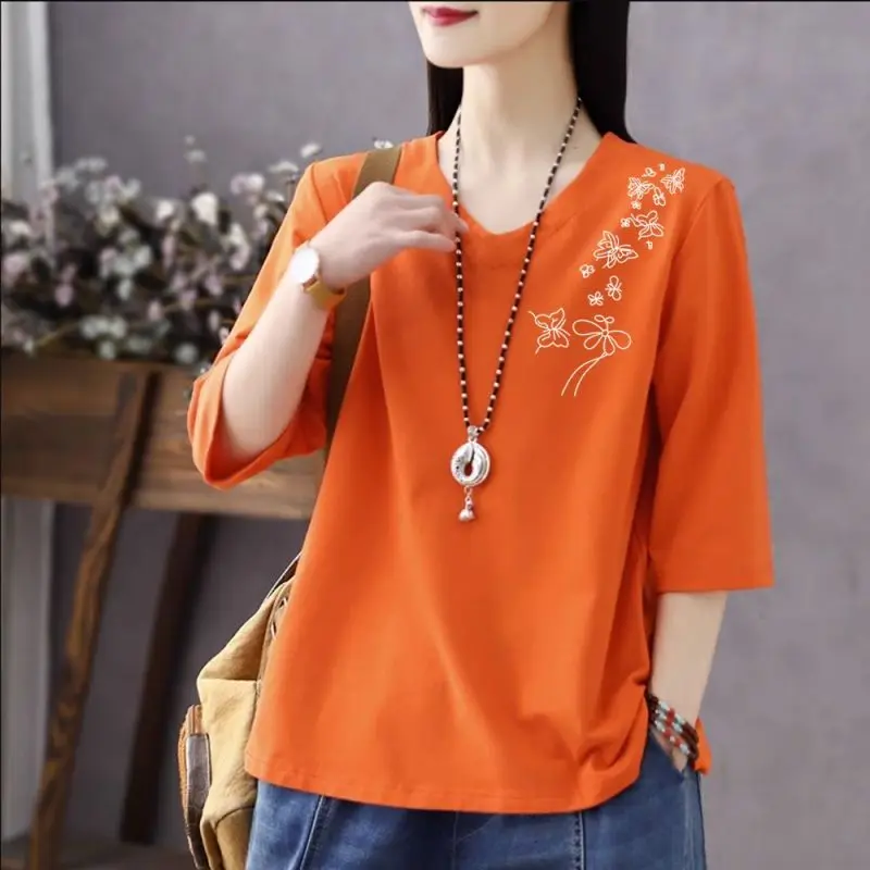 Women Summer Simplicity Loose Fashion Printing V-neck 3/4 sleeve T-Shirt Women Clothes Casual All-match Appear Thin Trend Tops