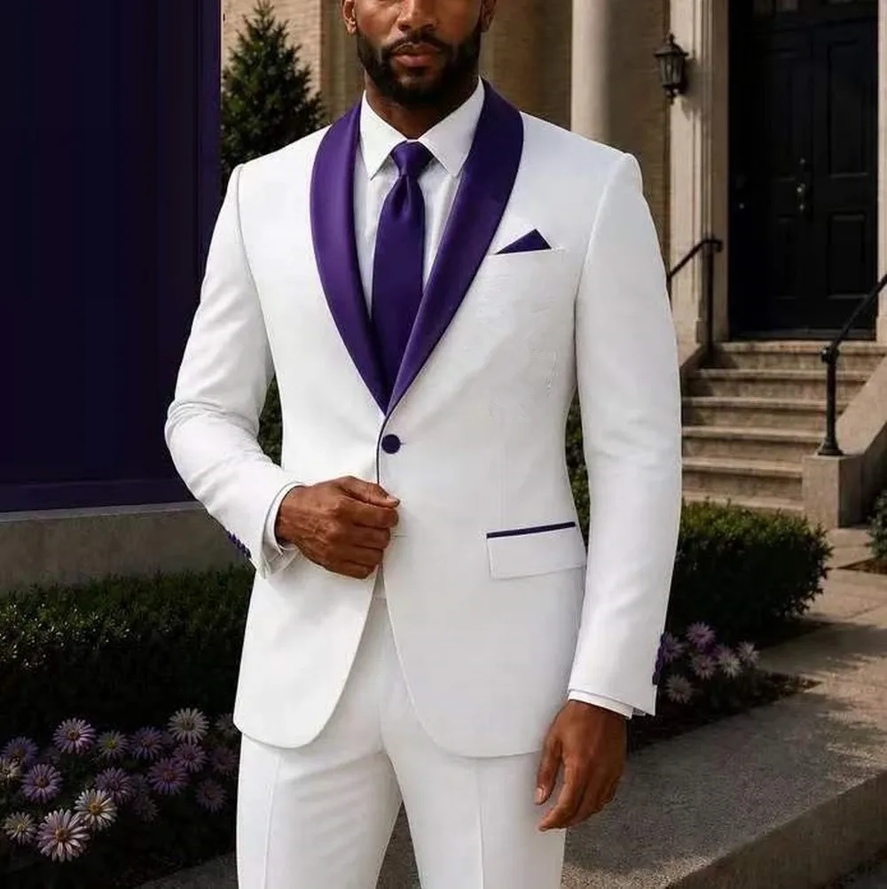 Purple Collar White Men Suit Formal Occasion Groom Groomsman Wedding Party Prom Male Business Tuxedos 2 Piece Blazer Pants