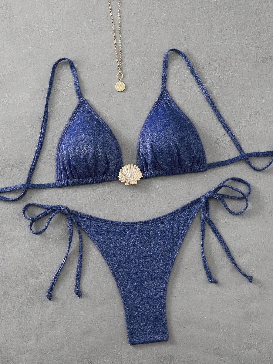 

Push Up Bikinis Women Swimsuits 2025 Swimwear Sexy Solid Bikini Set Thong Brazilian Biquini Bathing Suit Shell Beachwear