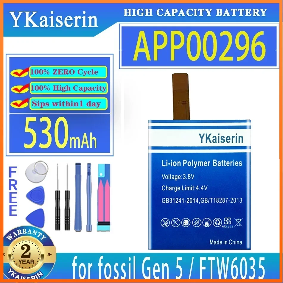 YKaiserin Battery APP00296 530mAh for Fossil Gen 5 Gen5/for Julianna HR FTW6035 High Capacity Batterie Bateria Warranty 2 Years