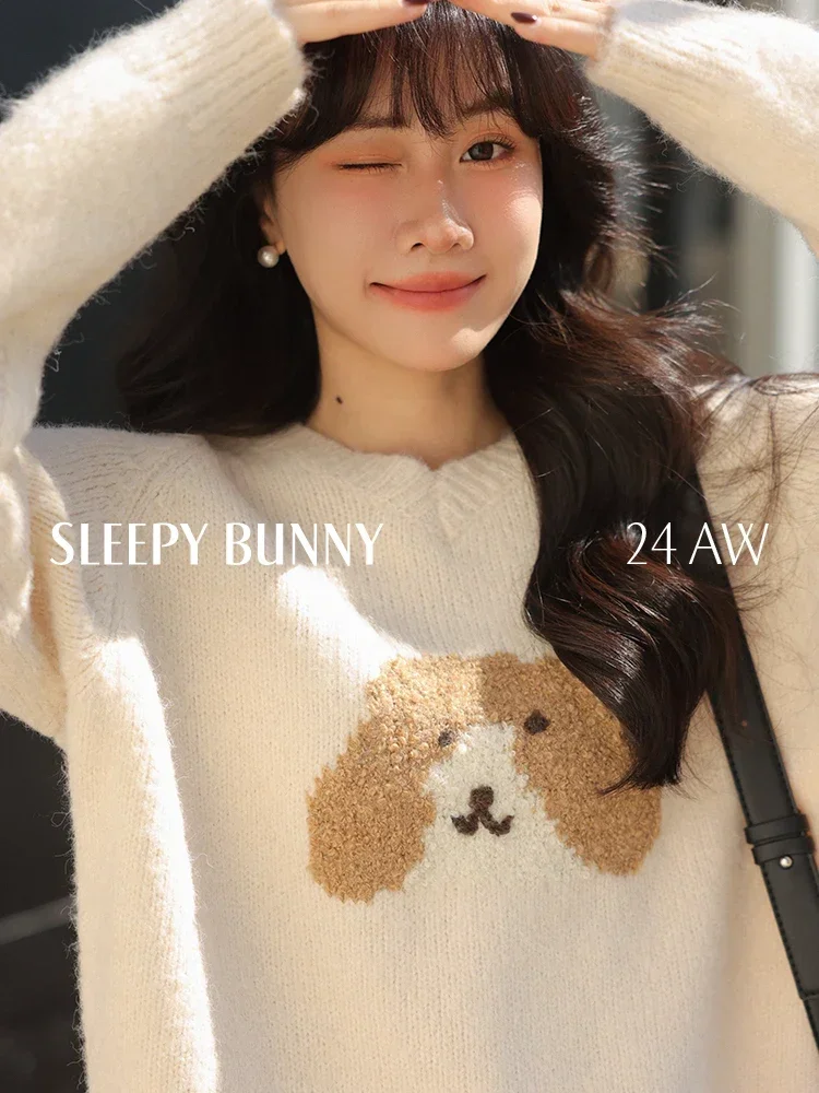 

Winter Women V-Neck Wool Sweater Cute Puppy Embroidery Design Stretch Slim Fit Pullover Cozy and Stylish Base Layer Knit Top