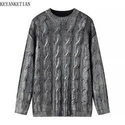 KEYANKETIAN 2024 New Launch Women's Metallic Twist Sweater Spring Unisex style O-Neck Long Sleeve Loose Thick Knitted Top