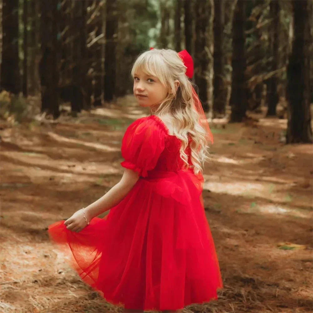 Gaun Gadis Bunga Merah untuk Pernikahan Tulle Bengkak Panjang Lutut Gaun Pesta Malam Perjamuan Formal Putri Klasik Disesuaikan