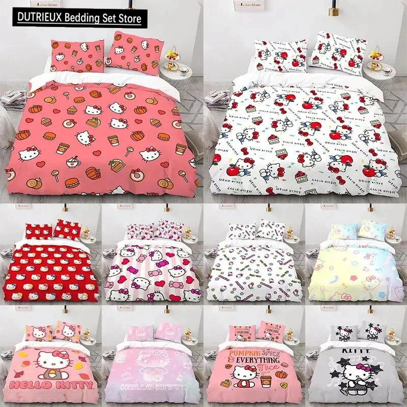 Kawaii Cute Hello Kitty Duvet Cover Cartoon Children Bedding Set Bedroom Decoration Kitty Cat Pillow for Kids Teens Gifts