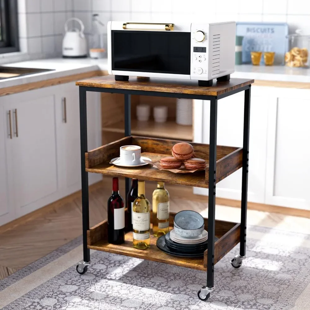 

Kitchen island, 3 tiers roll-off, kitchen, multi-purpose cart, coffee cart, with storage, brown