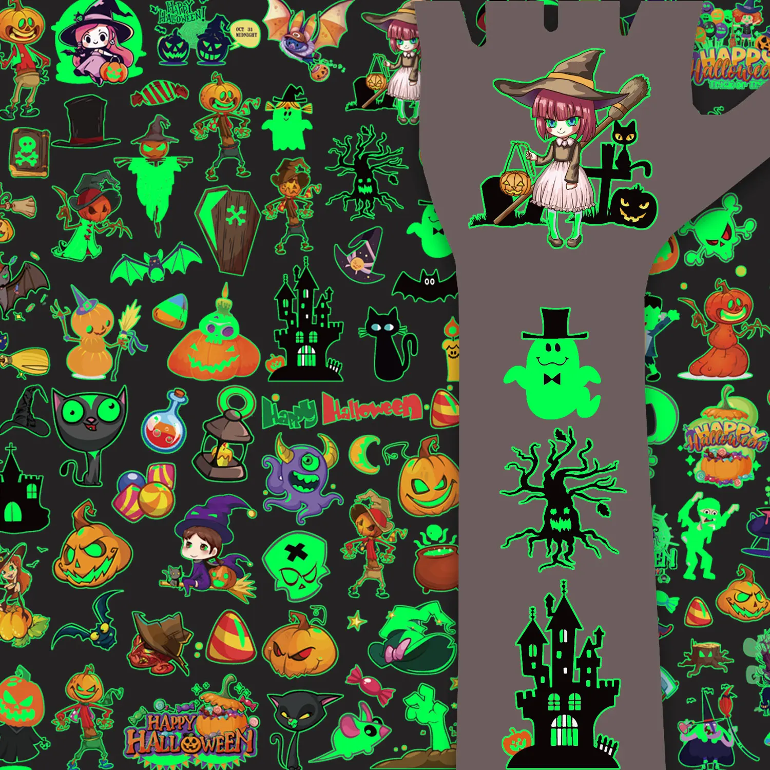 10 Sheets of 130 Halloween-Themed Glow-In-The-Dark Temporary Tattoo Stickers That Light up in the Dark, Fun Costume Tattoo Stickers Suitable for Halloween Parties