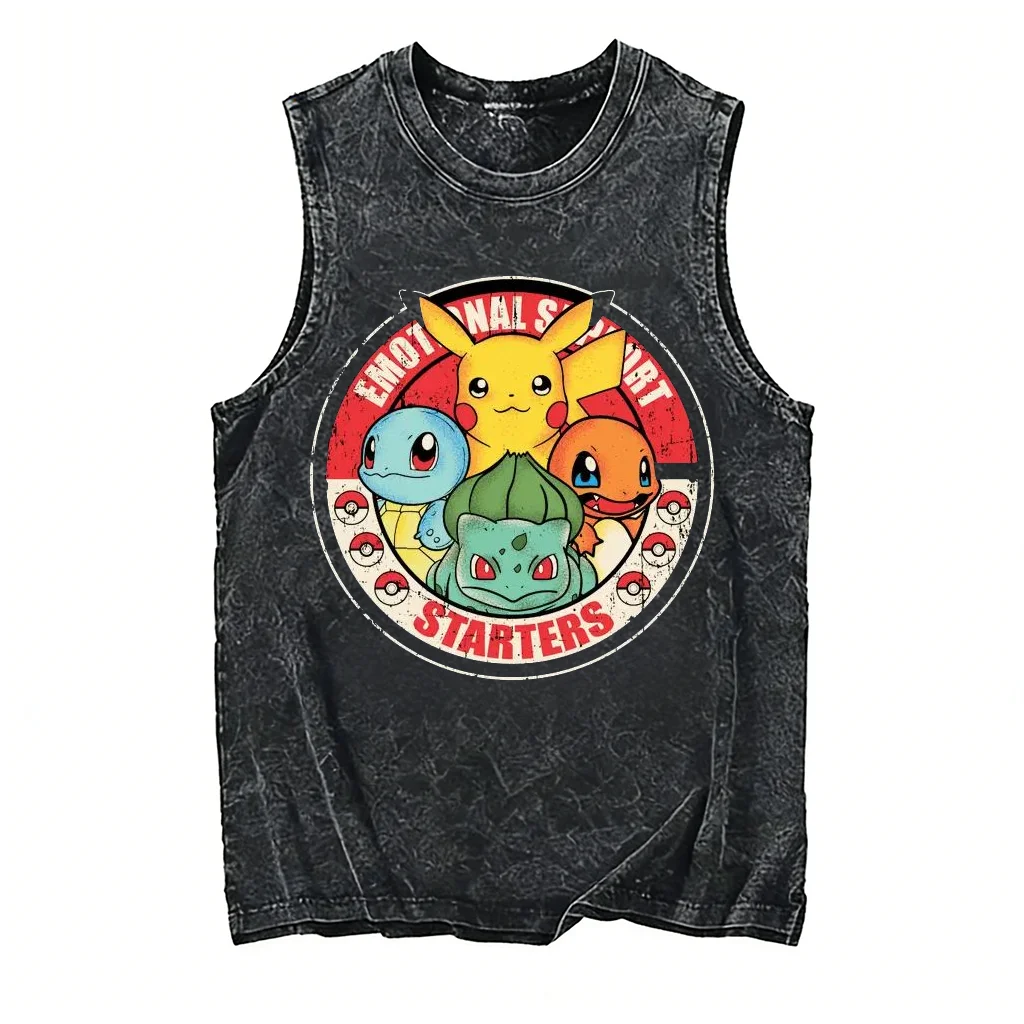 Vintage Washed Pokemon Men Gym Vest T Shirt 2026 Y2k Summer Sleeveless Shirt Ramen Print Streetwear Loose Casual Men's Tank Top