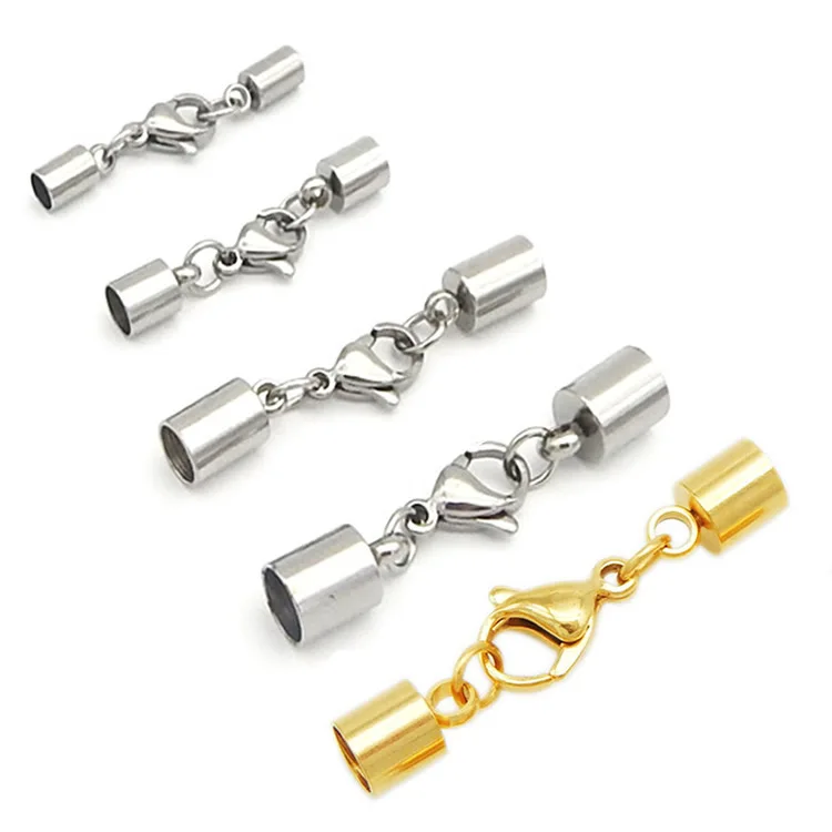 

2pcs/lot Hole 1-6mm Stainless Steel Round Leather Cord Ends Cap With Lobster Clasp Buckle and Extender Diy Jewelry Connectors B