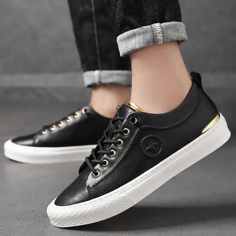 Spring Autumn Men Genuine Leather Casual Shoes Lace-Up Luxury Designer White Flat Skate Shoe Young Man Fashion Walking Sneaker