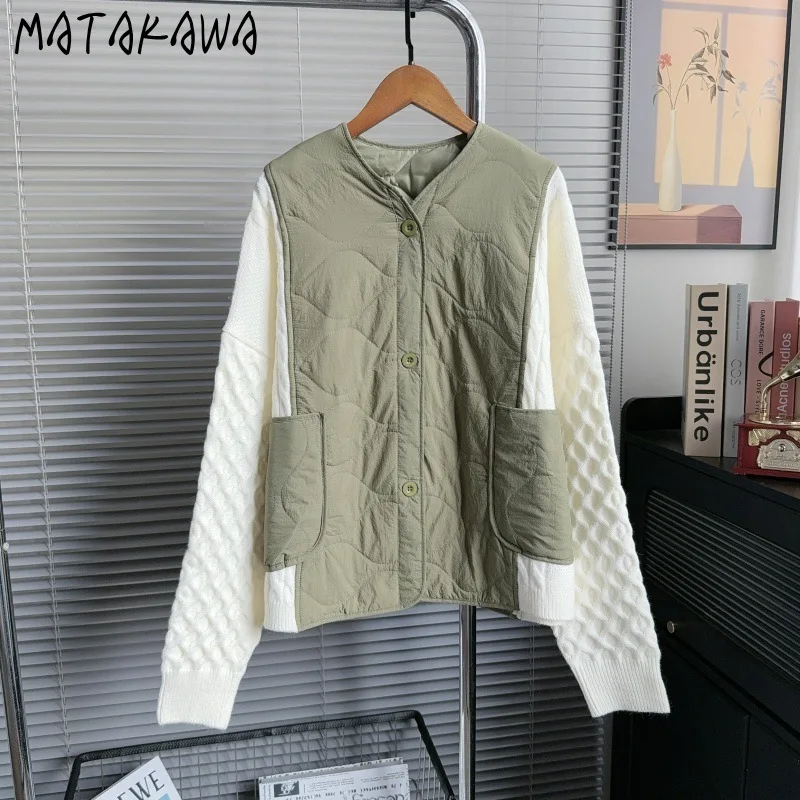 

Matakawa Autumn Winter Jackets Woman Fake 2 Pieces Thick Warm Knitting Patchwork Parkas Coats Korean Fashion Abrigos Mujer