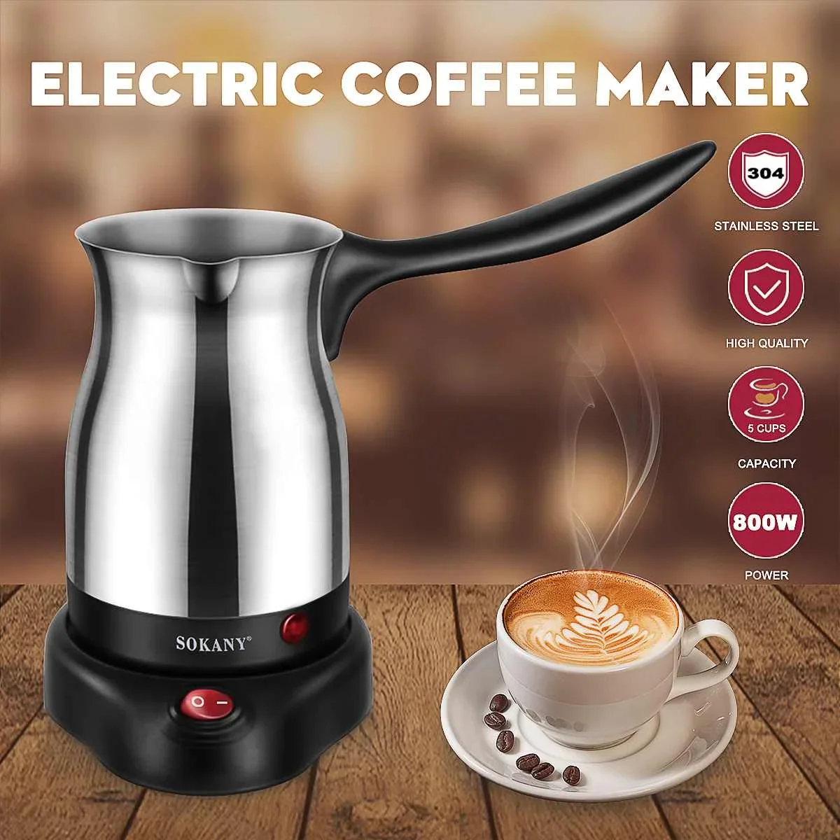 

800W Portable Electric Coffee Maker Turkish Greek Coffee Machine Stainless Steel Separated Home Office Espresso Tea Moka Pot