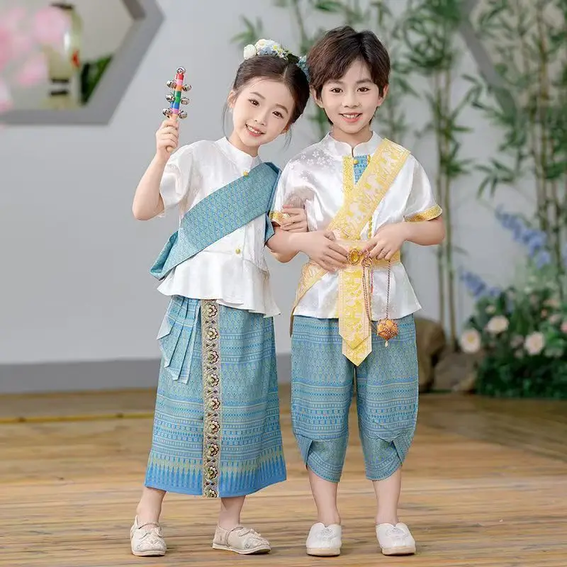 

Thailand Myanmar boy girl Dai clothing Water Splashing Day Children's Ethnic Clothing Dai Performance Clothing Set for kid