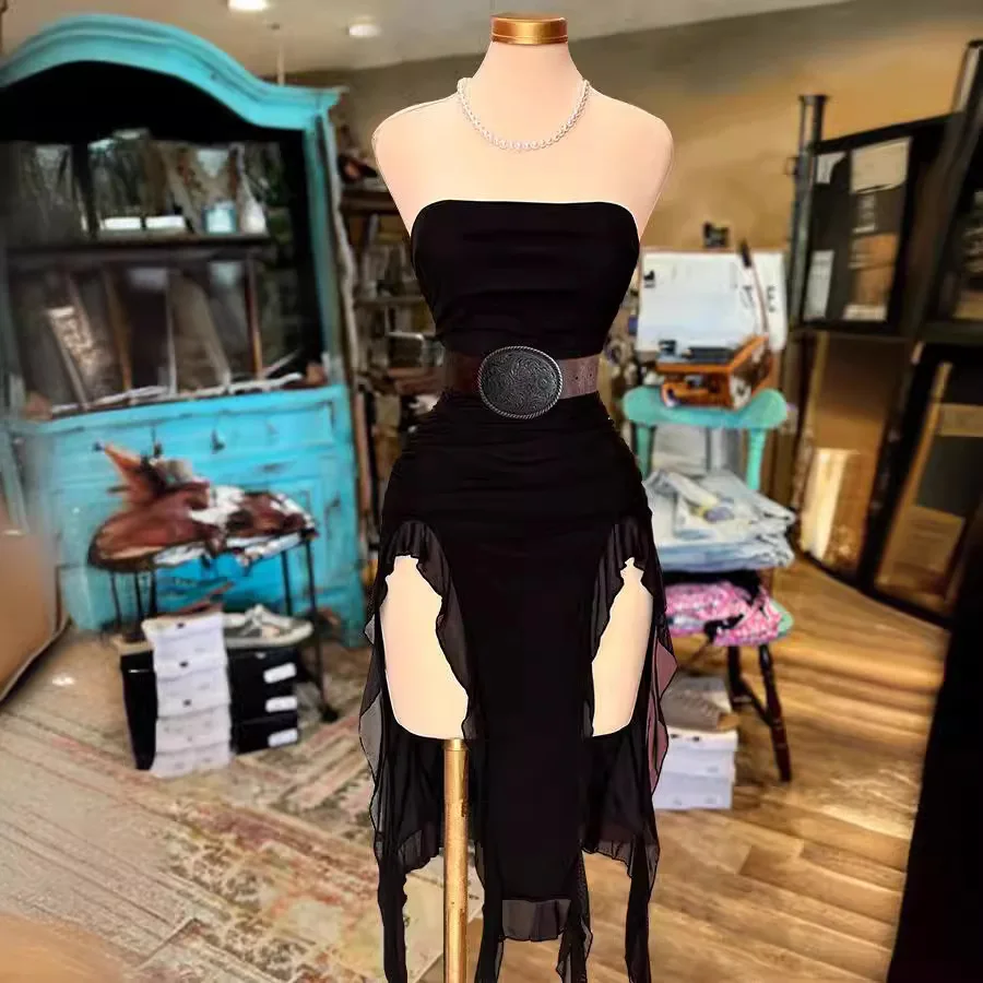 Tubo sem alças vestido longo verão feminino sexy sem mangas sem costas irregular em camadas babados borlas saia moda vestidos finos