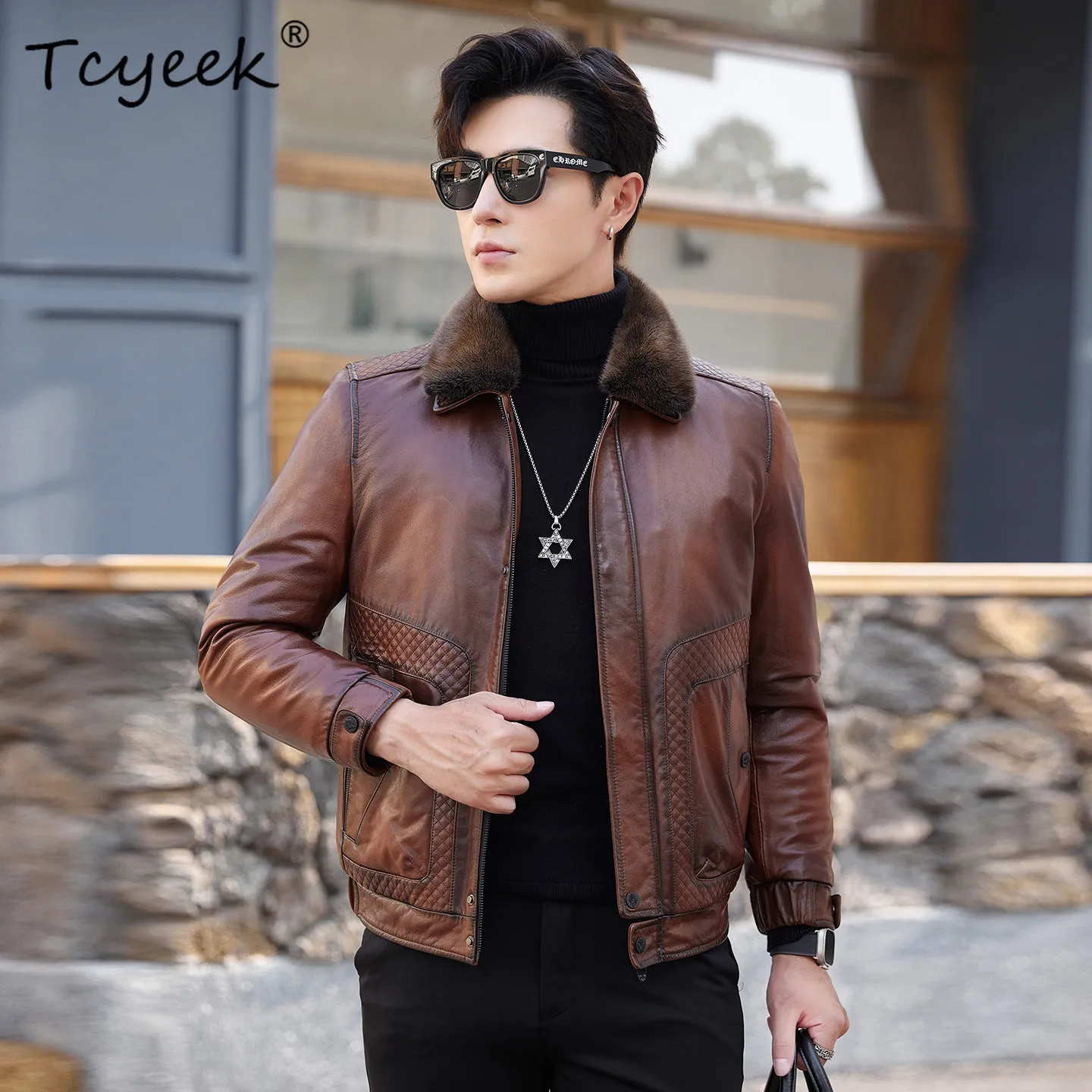 Tcyeek Natural Fur Coat Men Mink Real Fur Mens Coats Goatskin Real Leather Jacket Winter Clothes Warm Fashion Куртка Мужская