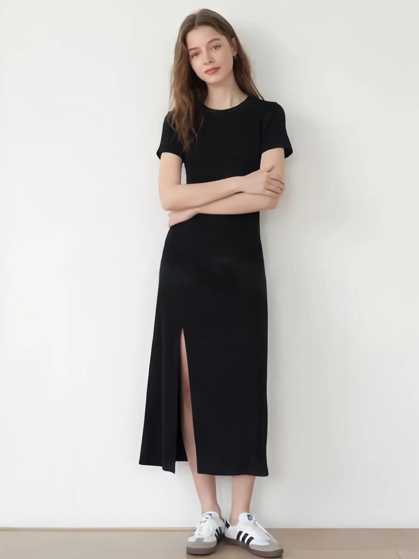 Slim Fit round Neck T-Shirt Dress Women Summer High Slit Slimming Short Sleeve Long Dress Elegant A-Line Skirt Breathable Cotton