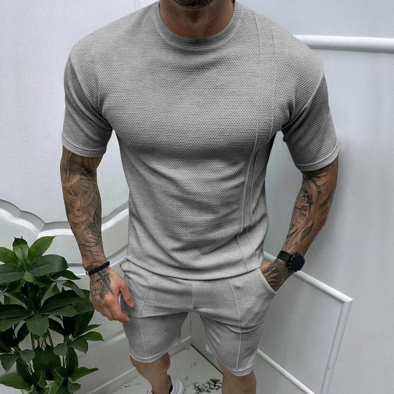 Summer New Men\'s Pullover Round Neck T-shirt Sports Casual Top Men\'s Short sleeved Shorts Set