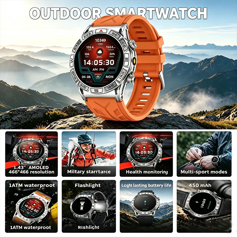 

2026 New Outdoor Smart Watch 1.43 "AMOLED With Heart Rate Sleep BT Call Flashlight Compass GPS Trajectory Tracking Smartwatch