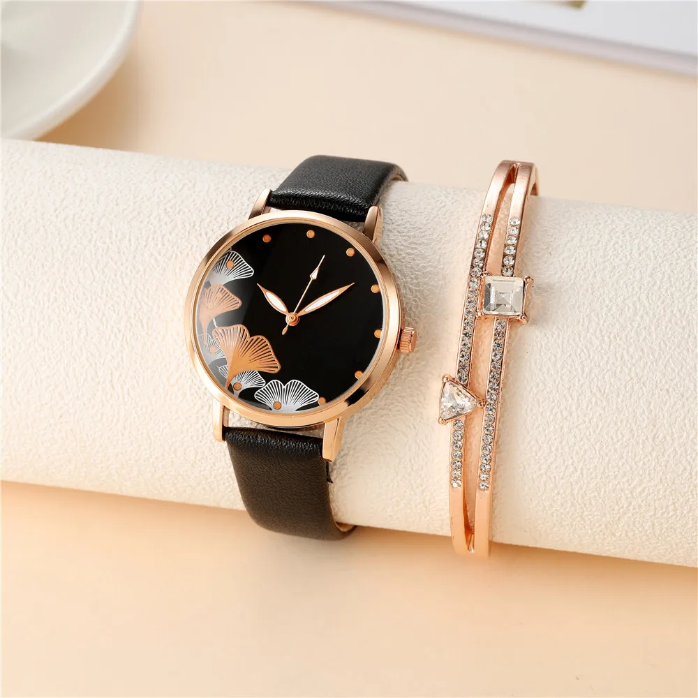 Simple Women Fashion Ink Painting Black And White Design Ladies\' Quartz Watch Casual Leather Strap Female Bracelet Gift Clock