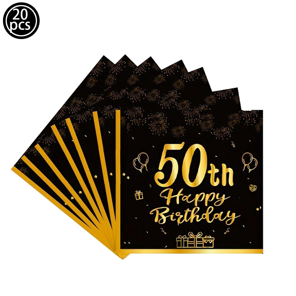 Happy Birthday Party Decorações para Adultos, 50th Birthday Party Supplies, Preto e Dourado Louça, Guardanapos, Papel, Pratos de Sobremesa