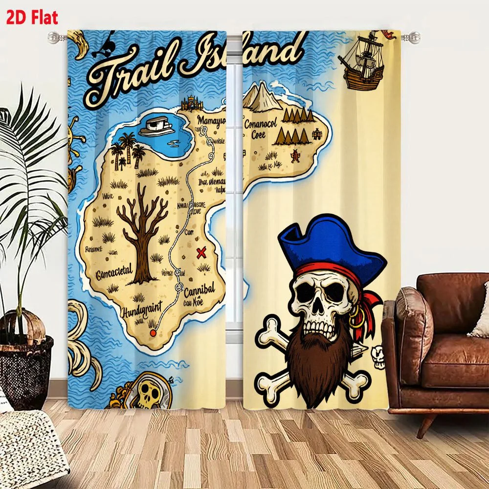 2Pcs Curtains 2D Flat Whimsical Cartoon-Style Trail Island Treasure Map with Pirate Themed Elements and Landmarks Window Drapes