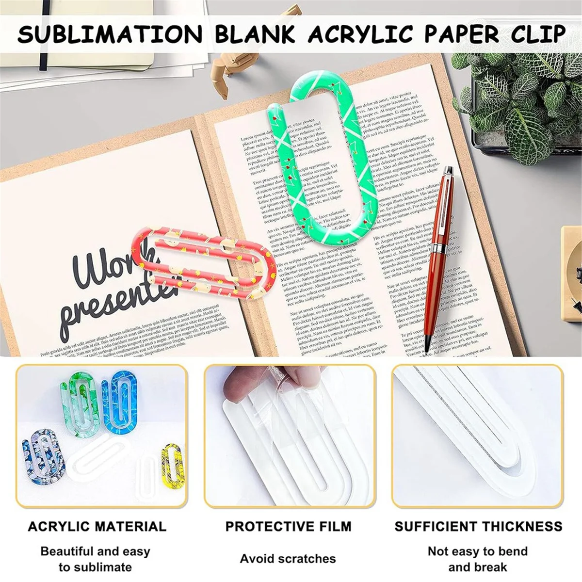 ABXK 20 pacotes de clipes de papel acrílico em branco para sublimação, clipes de papel jumbo de 4 x 2 polegadas transparentes para transferência de calor design DIY