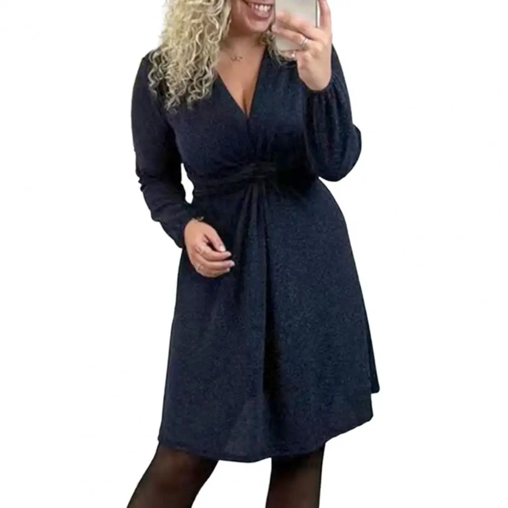 

Twisted Waist Dress Elegant V-neck Midi Dress with Twist Knot Detail High Waist for Women Solid Color Long Sleeve for Commute