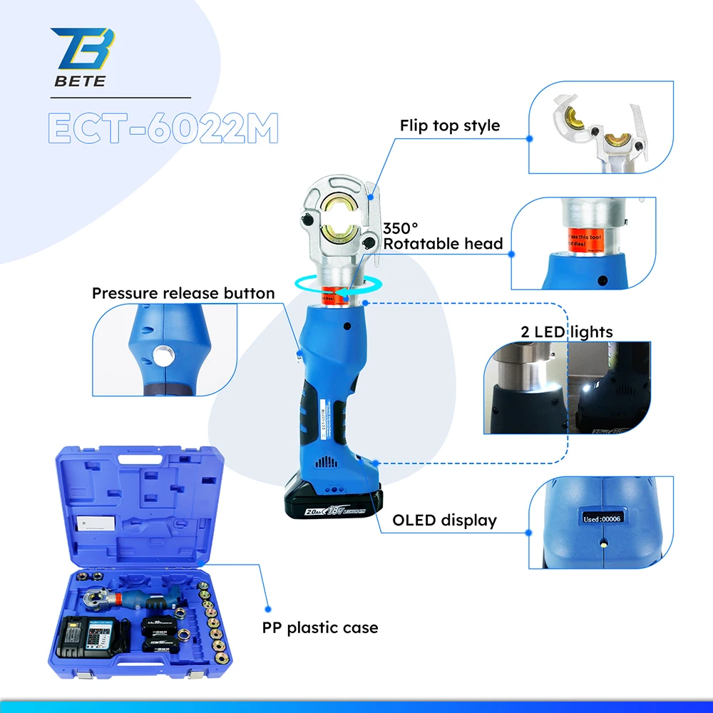 ECT-6022M มินิสไตล์อัจฉริยะแบตเตอรี่ไฮดรอลิก CABLE LUG CRIMPING เครื่องมือ