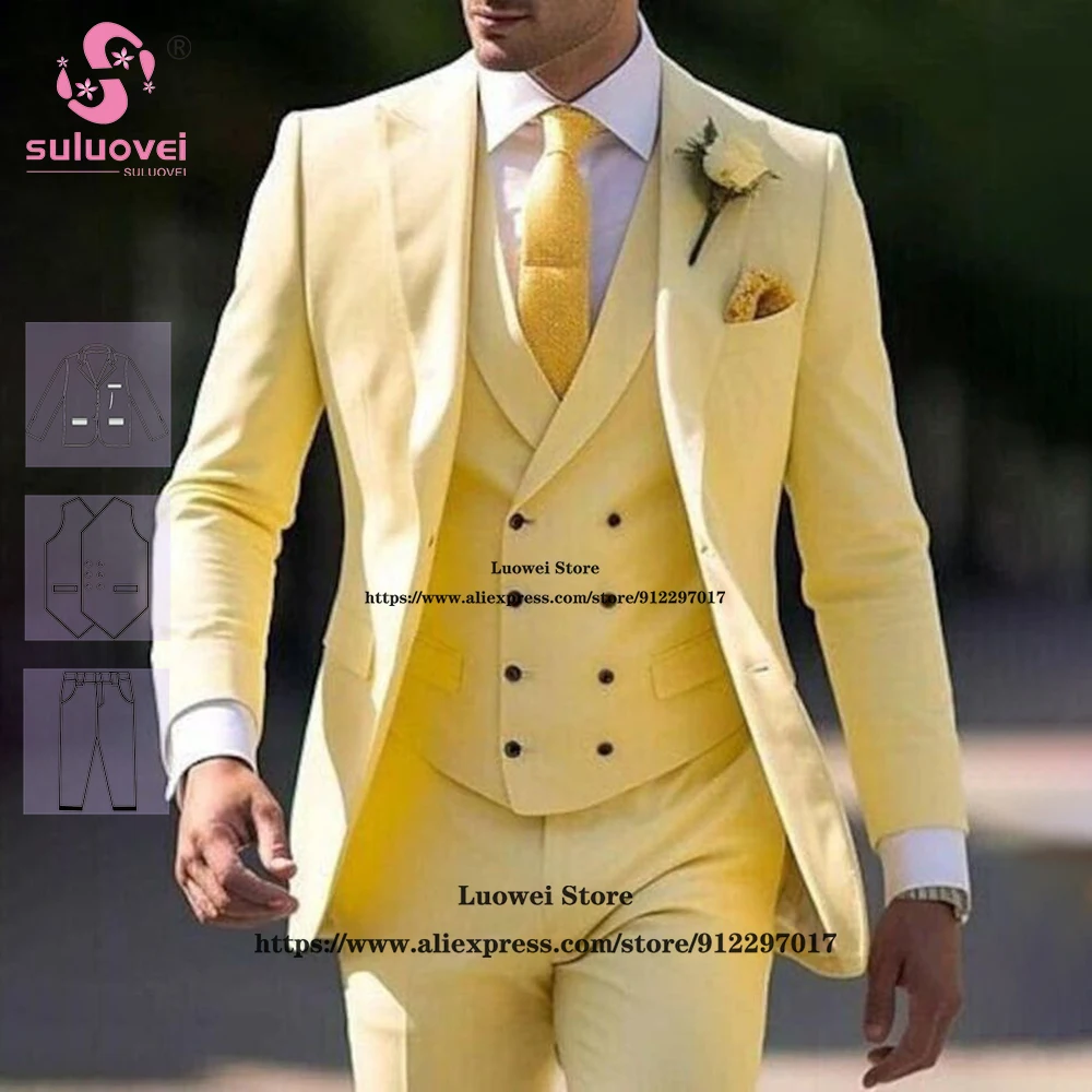 

Fashion Elegant Slim Fit Suits For Men Yellow 3 Piece Jacket Vest Pants Set Formal Groom Wedding Prom Peaked Lapel Tuxedo Blazer