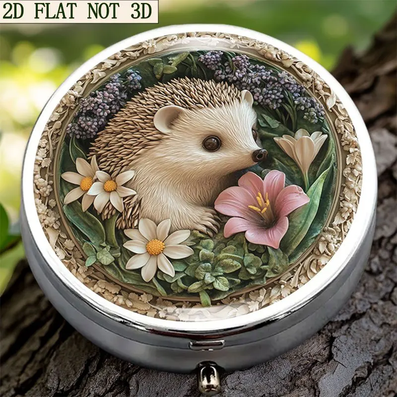Single-piece, flat, round three-compartment storage box, hedgehog-shaped design, portable travel case, elegantly designed, can be used as a gift for a girlfriend, made of durable metal and plastic materials