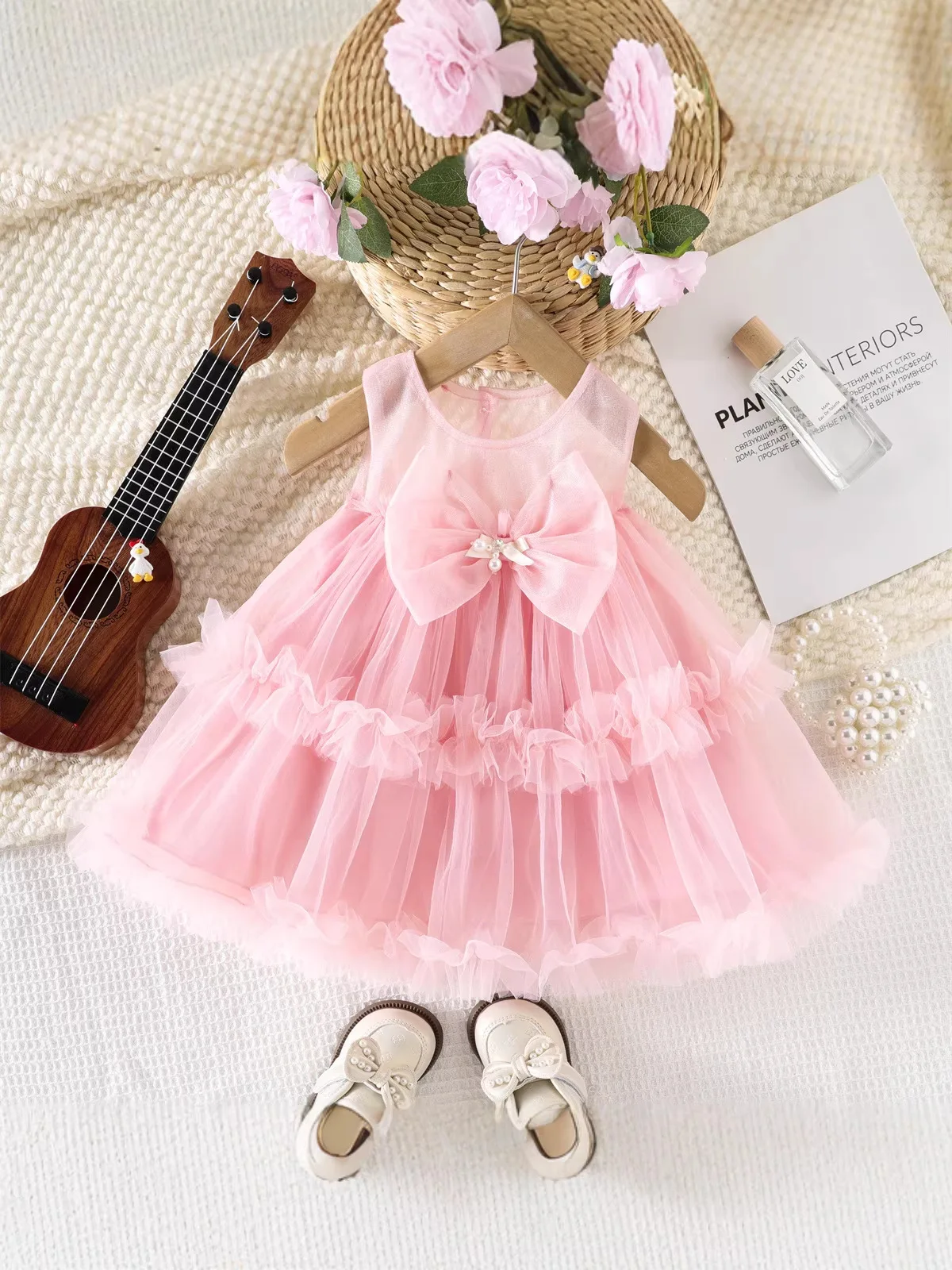 2026 New Summer Kids Mesh Dress 1-5T Solid Color Sweet Children Clothes Cute Bow Girls Sleeveless Dress Baby Outwear