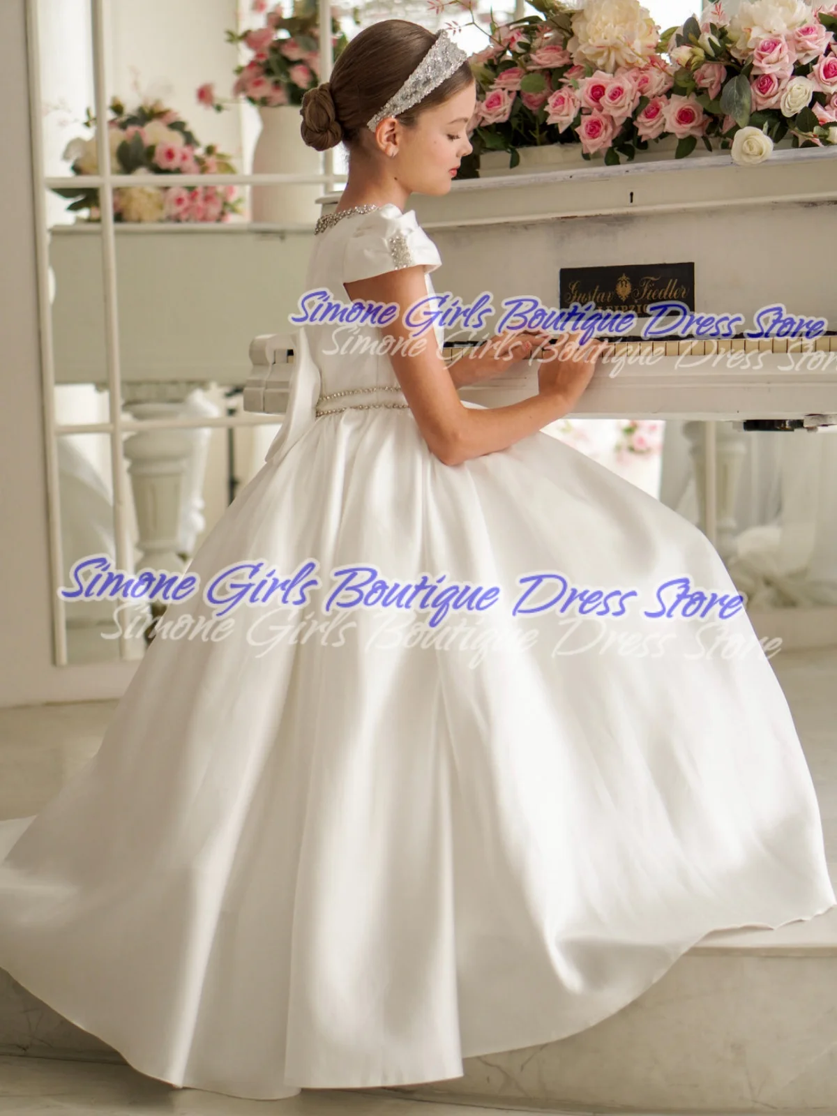 퍼프 슬리브 O 넥 반팔 진주 장식 새틴 플라워 걸 드레스 댄스 공연 첫 성찬식 생일