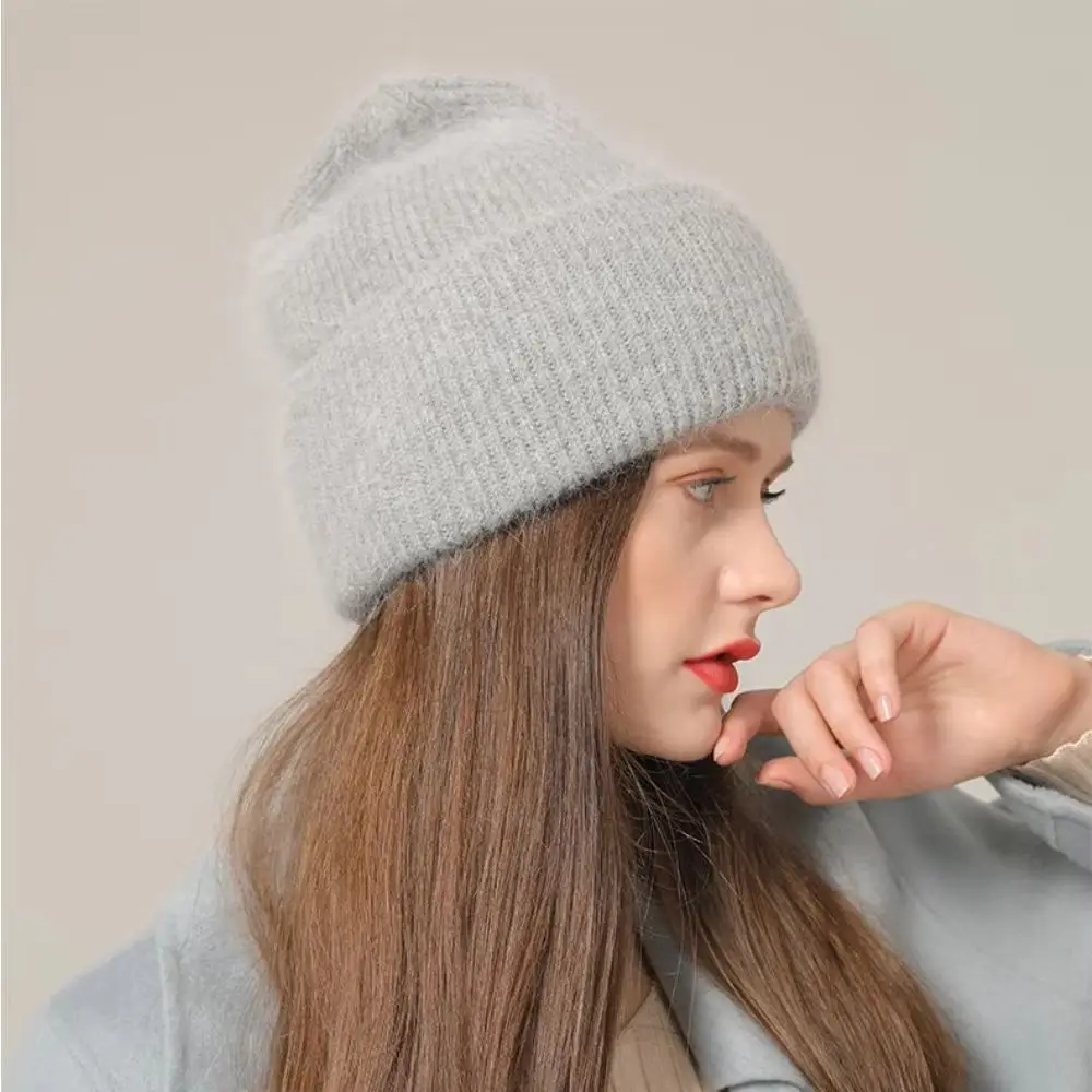 Winter Warm Angora Beanie Hat for Women Girls Rabbit Fur Fluffy Knitted Caps Earflap Soft Warm SKI Snow Outdoor Skullies