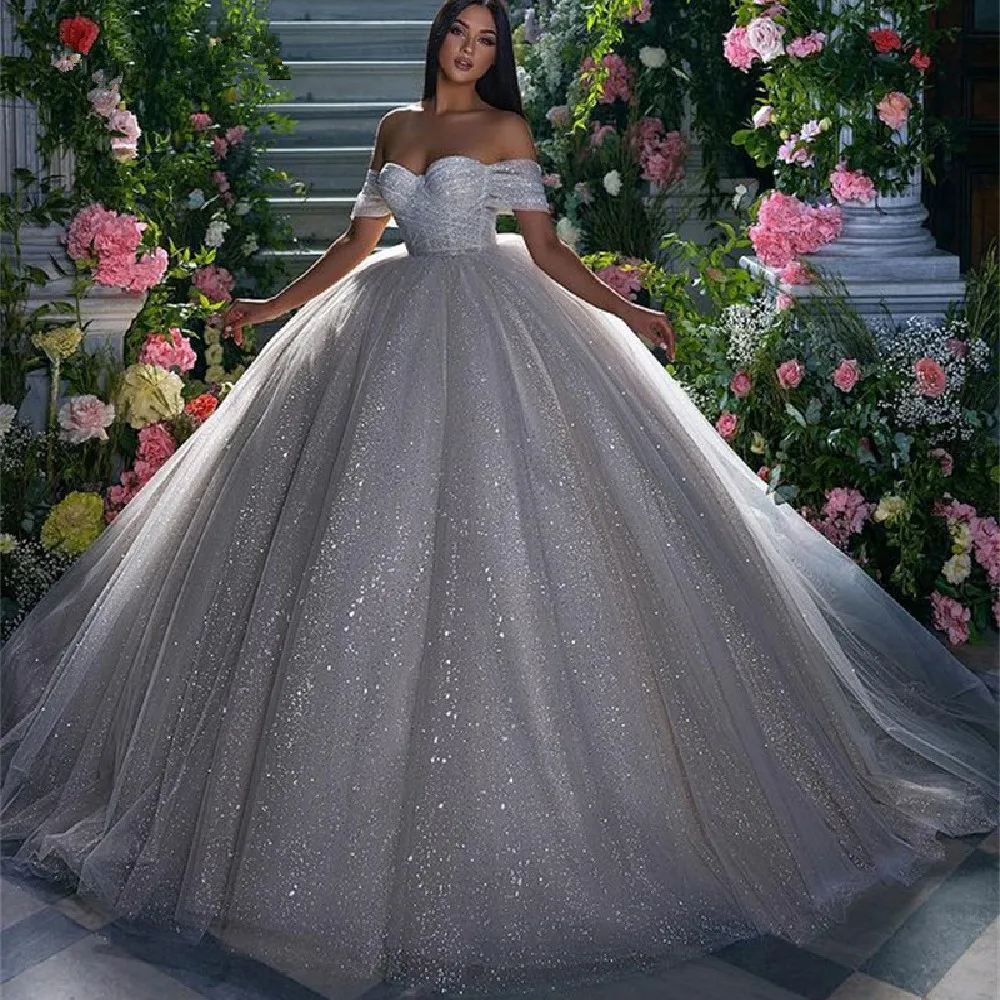 

Sparky Tulle Ball Gowns Wedding Dresses Sweetheart Bling Off Shoulder Beach Princess Mariage Backless Robes De Mariee 2023