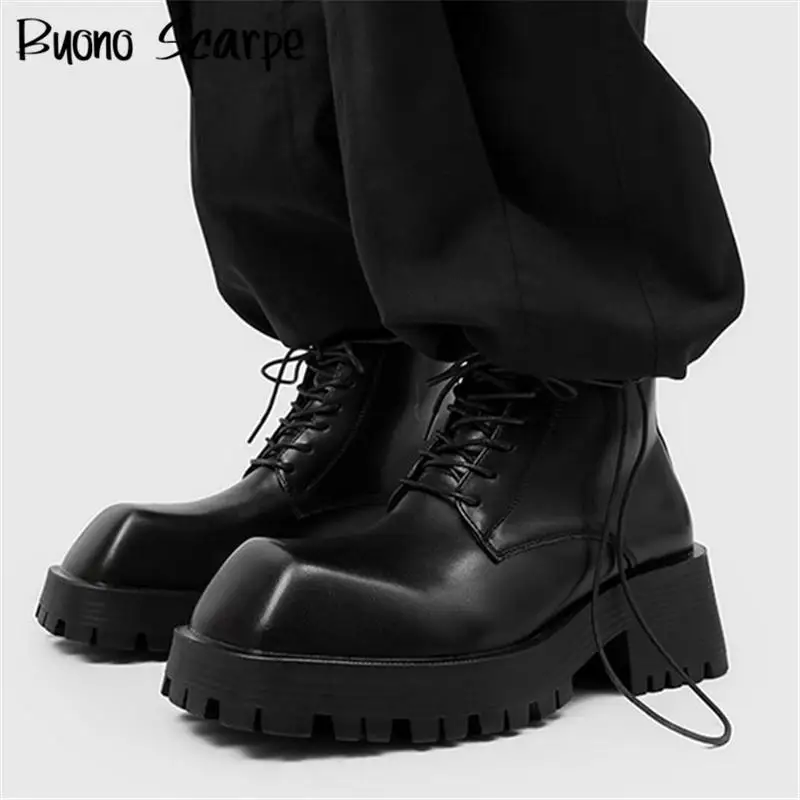

Unisex Style Square Toe Thick Sole Platform Chunky Heels Men Boots Lace Up Large Size Solid Color New Fashion Western Punk Shoes