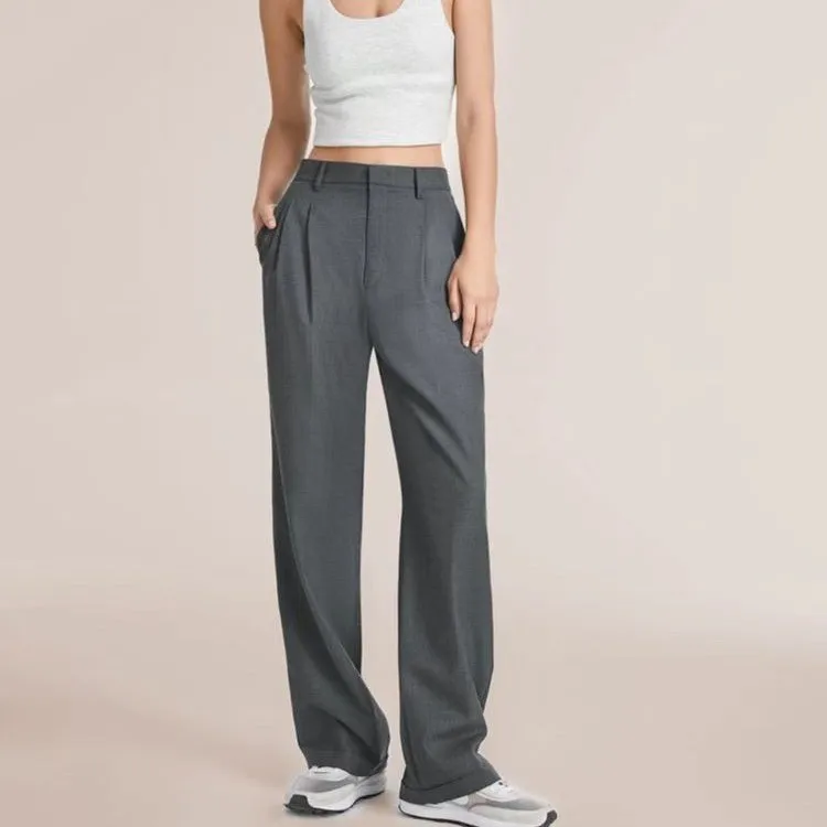 Casual Pocket High Waist Suit Pants with Slight Stretch Elegant Commuter Chic Seamless Belt Included Women Summer Long Trousers
