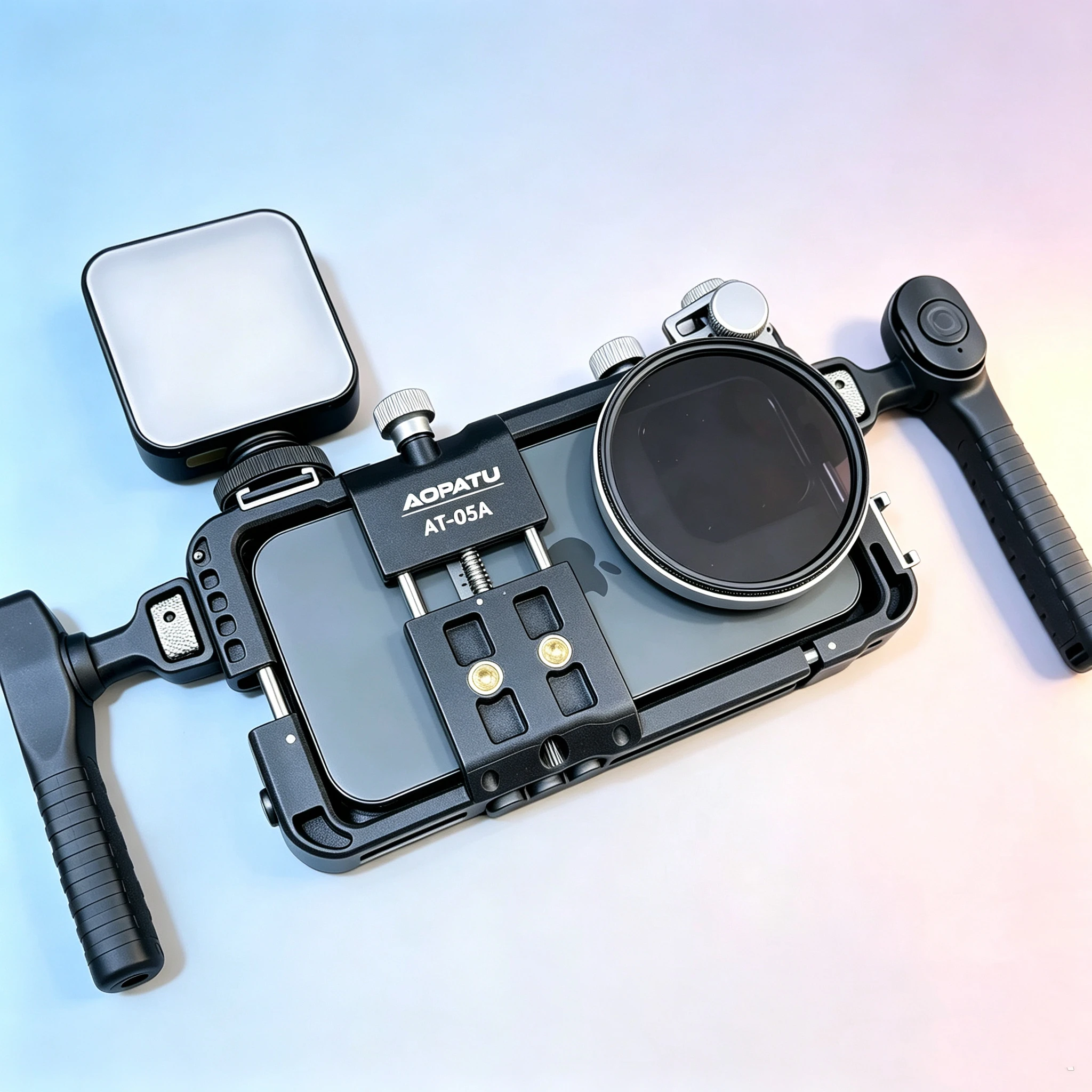 AOPATU 05A – plastikowa obudowa do telefonu z regulowanym uchwytem i podwójnym uchwytem do montażu, kompatybilna z opcjonalną miniaturową lampką, filtr CPL 67 mm. — zdjęcie produktu 2