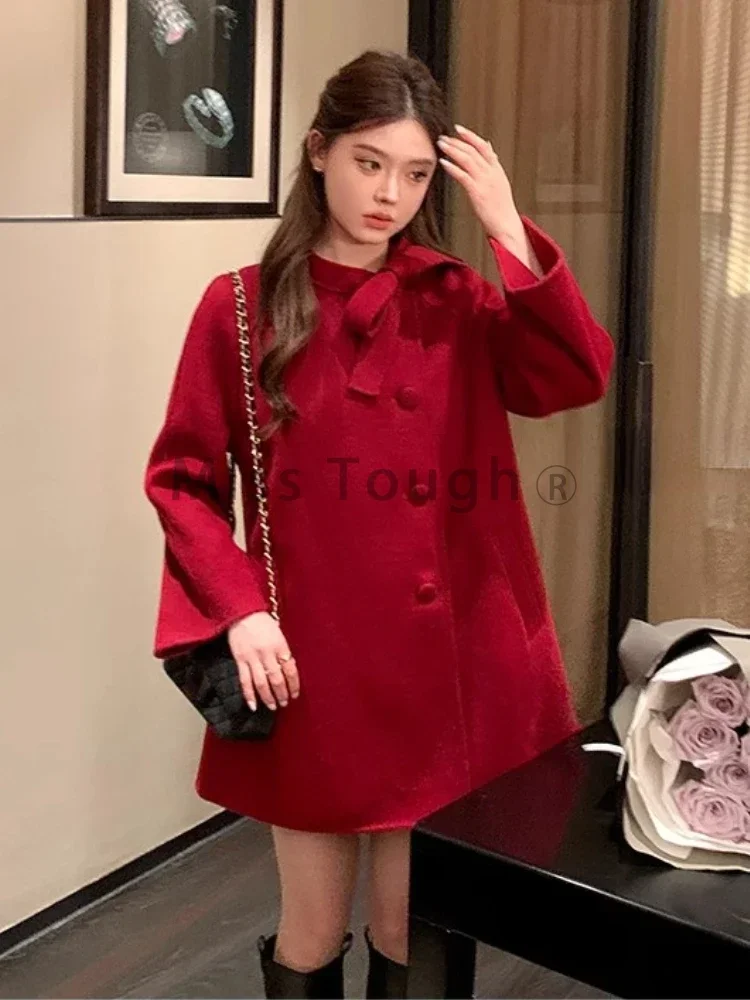 Japanese Elegant Loose Warm Coat Women Bow Casual Solid Vintage Party Tops Female Korean Fashion Chic Overcoat Clothing 2023 New