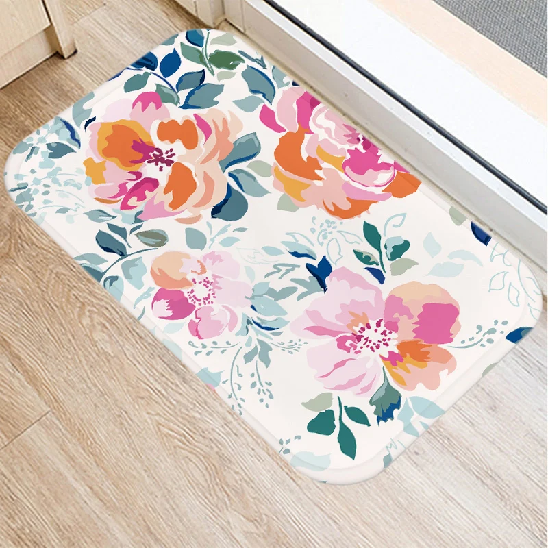 Colorful flower print pattern floor mat home kitchen bathroom entrance  decoration coral velvet carpet door  40 * 60cm