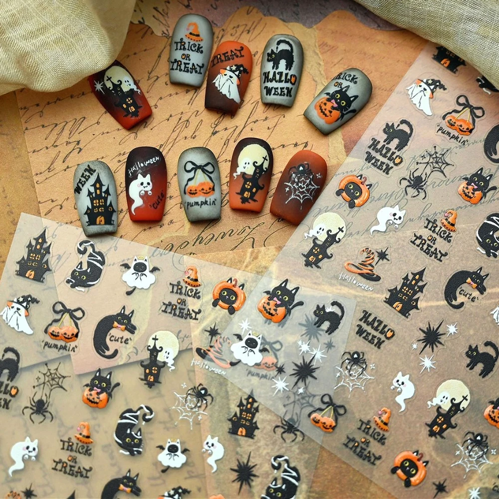 

Halloween Black Cat Pumpkin Ghost Magic Hat Spider Cobweb Castle 3D Self Adhesive Nail Art Stickers Cartoon Manicure Decals