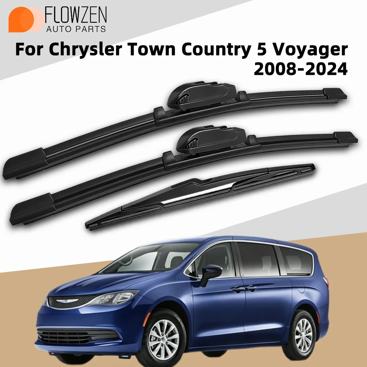 

3 шт. передних и задних щеток стеклоочистителя для Chrysler Town & Country 5 Voyager 2008-2024, премиум-класса, бесшумные, без разводов, долговечные автозапчасти