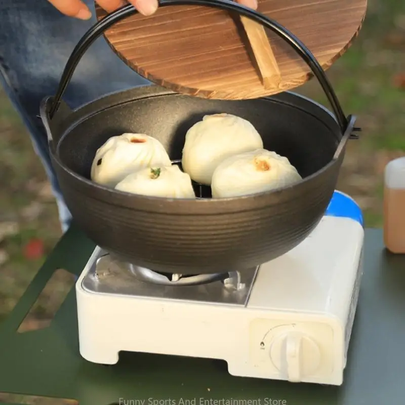 C4DE Outdoor Gusseisen -Töpfe mit Holzdeckel Camping Kochtöpfen vertiefen Suppentöpfe Picknick Hänge für Außen und Innenräume – Detail 4