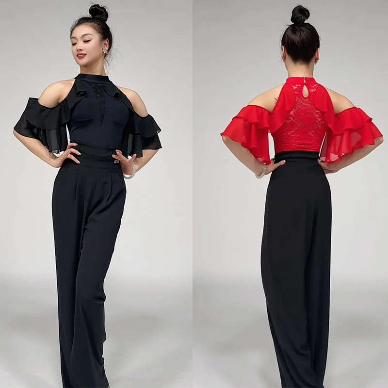 Vêtements de danse de salon latine, hauts en dentelle noir et rouge, pantalons droits pour dames, vêtements d'entraînement de danse de valse, vêtements de Performance BL16456