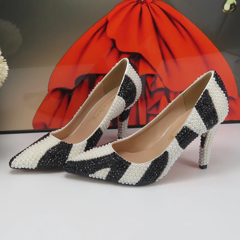 BaoYaFang Pointed Toe Pearl Bridal shoes for Women Thin High Heel Pumps zebra-stripe Female Ladies Party Shoe Shallow